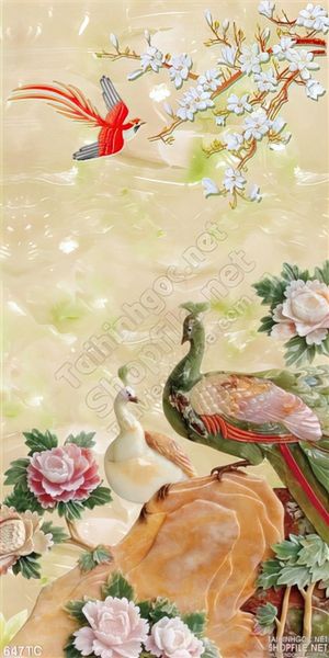 Tranh chim công psd giả ngọc và con chim đỏ