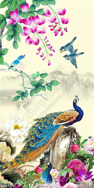 Tranh chim công 2 con chim nhỏ bay về tổ psd
