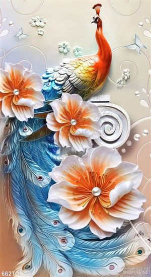 Tranh chim công phù điều và bông hoa nhỏ
