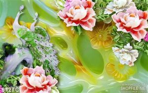 Tranh chim công màu xanh và hoa mẫu đơn 3d