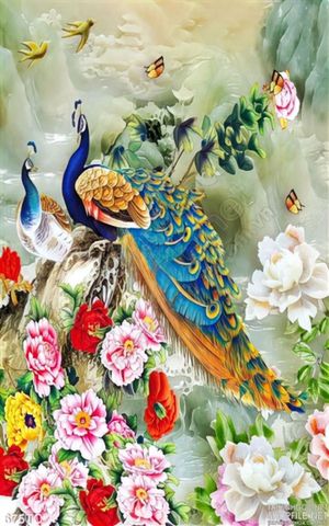 Tranh chim công khổ dọc và hoa mẫu đơn