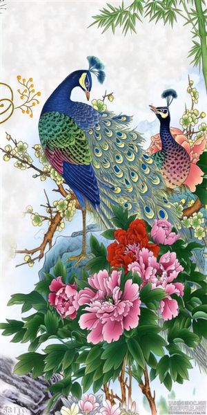 Tranh chim công và hoa mẫu đơn