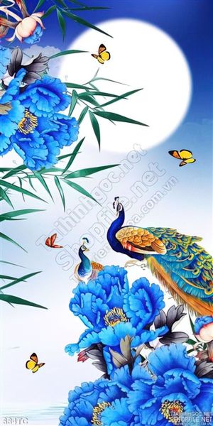 Tranh chim công và hoa mẫu đơn màu xanh