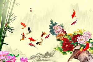 Tranh hoa mẫu đơn và cá chép đẹp