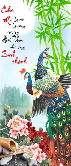 Tranh chim công thư pháp Cha Mẹ