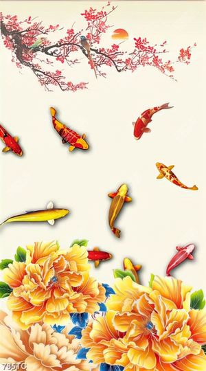 Tranh hoa mẫu đơn và cá chép chất lượng cao