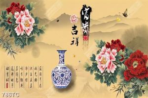 Tranh thư pháp hoa mẫu đơn và bình cổ