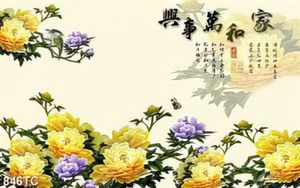 Tranh hoa mẫu đơn vàng thư pháp đẹp