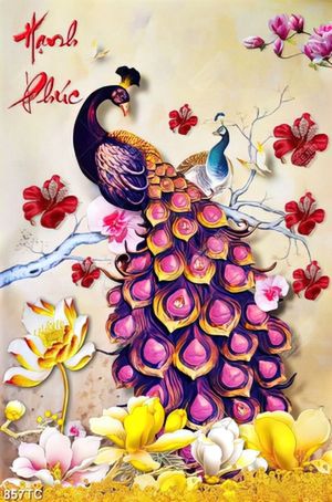 Tranh chim công và sen vàng