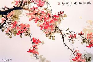 Tranh màu nước hoa đào thư pháp