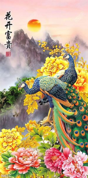Tranh chim công và hoa mẫ đơn vàng