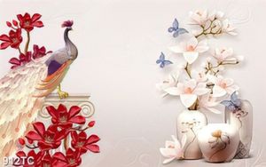 Tranh chim công giả ngọc và bình hoa file psd