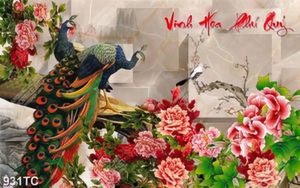 Tranh thư pháp vinh hoa phú quý và chim công