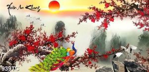 Tranh thư pháp màu xuân và chim công