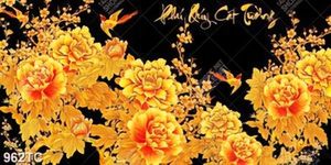 Tranh tài lộc hoa mẫu đơn thư pháp in uv