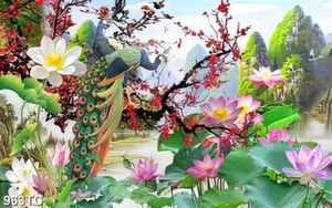 Tranh hoa sen và chim công phong thủy