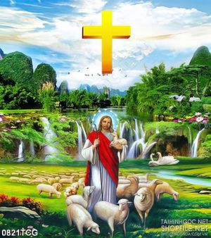 Tranh công giáo chúa Jesus bên đàn cừu trắng bé nhỏ