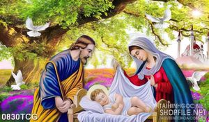 Tranh công giáo gia đình thánh Jesus bên đàn bồ câu