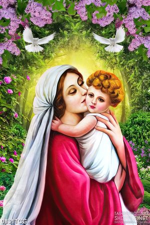 Tranh công giáo đức mẹ Maria bên hài nhi nhỏ in canvas