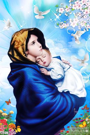 Tranh công giáo đức mẹ Maria và hài nhi bên bồ câu trắng