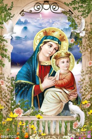 Tranh công giáo đức mẹ Maria bên hài nhi và bồ câu trắng