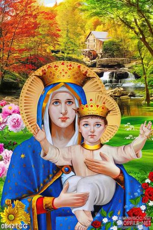 Tranh công giáo 3d đức mẹ Maria và hài nhi bên con thác