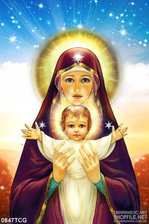 Tranh công giáo đức mẹ Maria và hài nhi ban phước lành