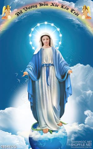 Tranh công giáo đức mẹ Maria trên bầu trời xanh in canvas