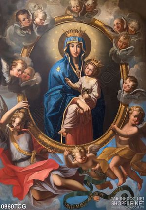 Tranh công giáo in uv đức mẹ Maria bên những thiên thần