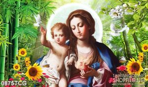 Tranh công giáo psd đức mẹ và babby bên vườn hoa