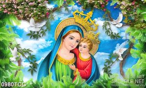 Tranh công giáo 3d đức mẹ Maria bế thiên thần nhỏ trên tay