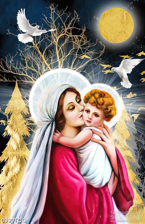 Tranh công giáo mẹ Maria hôn hài nhi bé nhỏ bên bồ câu