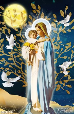 Tranh công giáo mẹ Marria bế babby nhỏ bé bên ánh trăng