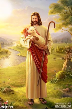 Tranh công giáo chú cừu non nằm trong lòng của chúa Jesus