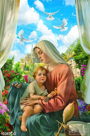 Tranh công giáo hài nhi nhỏ bé trong vòng tay của mẹ Maria