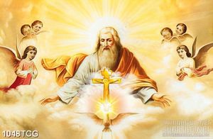 Tranh công giáo cây thánh giá phát hòa quang bên chúa Jesus