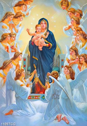 Tranh Chúa Hài Đồng và Mẹ Maria in kính đẹp