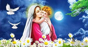 Tranh Mẹ maria và chúa hài nhi bên ánh trăng