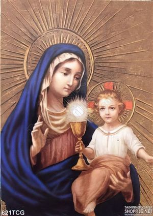 Tranh công giáo Mẹ Maria Chúa hài nhi và chén bánh thánh
