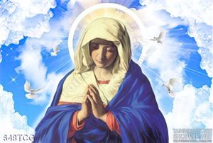 Tranh công giáo Mẹ Maria cầu nguyện và chim bồ câu