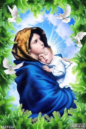 Tranh Mẹ Maria ru ngủ Chúa hài nhi in gạch uv