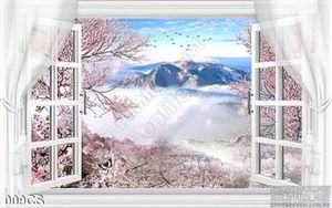 Tranh cửa sổ bên vườn đào trang trí tường