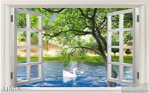 Tranh cửa sổ và chim thiên nga đẹp