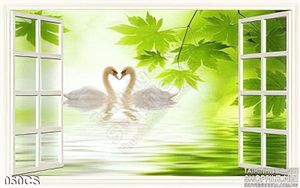 Tranh cửa sổ và thiên nga treo tường phòng khách