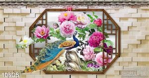 Tranh cửa sổ và chim công trang trí