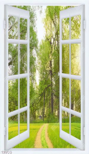Tranh cánh đồng cỏ bên khung cửa