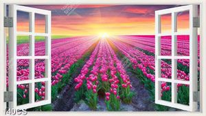 Tranh khu vườn hoa tulip và cửa sổ in kính