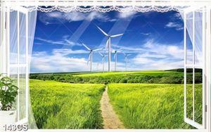 Tranh khung cửa sổ nhìn ra cối xoay gió giữa cánh đồng cỏ