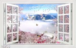 Tranh cửa sổ bên vườn hoa phủ sương mờ đẹp nghệ thuật