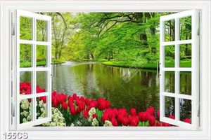 Tranh vườn hoa tulip bên ô cửa nhìn ra hồ nước đẹp in kính
